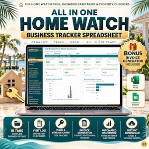 May include: A digital business tracker spreadsheet for home watch professionals displayed on a laptop screen. The dashboard shows financial data, revenue, and service metrics. Includes icons for 18 tabs, visit logs, key tracking, and an invoice generator.