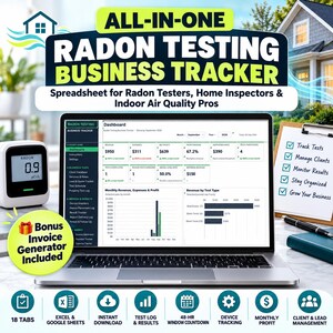 Könnte beinhalten: Ein Laptop mit einem Radon-Test-Business-Tracker-Dashboard, das Einnahmen, Ausgaben und Gewinn grafisch darstellt. Enthält ein digitales Radon-Messgerät, ein Klemmbrett mit Checkliste sowie Symbole für 18 Registerkarten, Excel und Google Sheets.