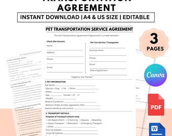 Editable Pet Taxi & Transportation Agreement – Pet Transport Service Contract, Animal Care PDF Word Canva
