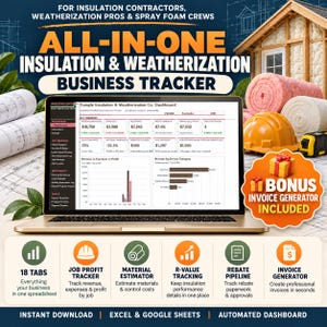May include: A digital business tracker for insulation contractors displayed on a laptop screen, featuring a dashboard with revenue, expenses, and profit metrics. The image includes text overlays, construction blueprints, insulation rolls, and a hard hat.