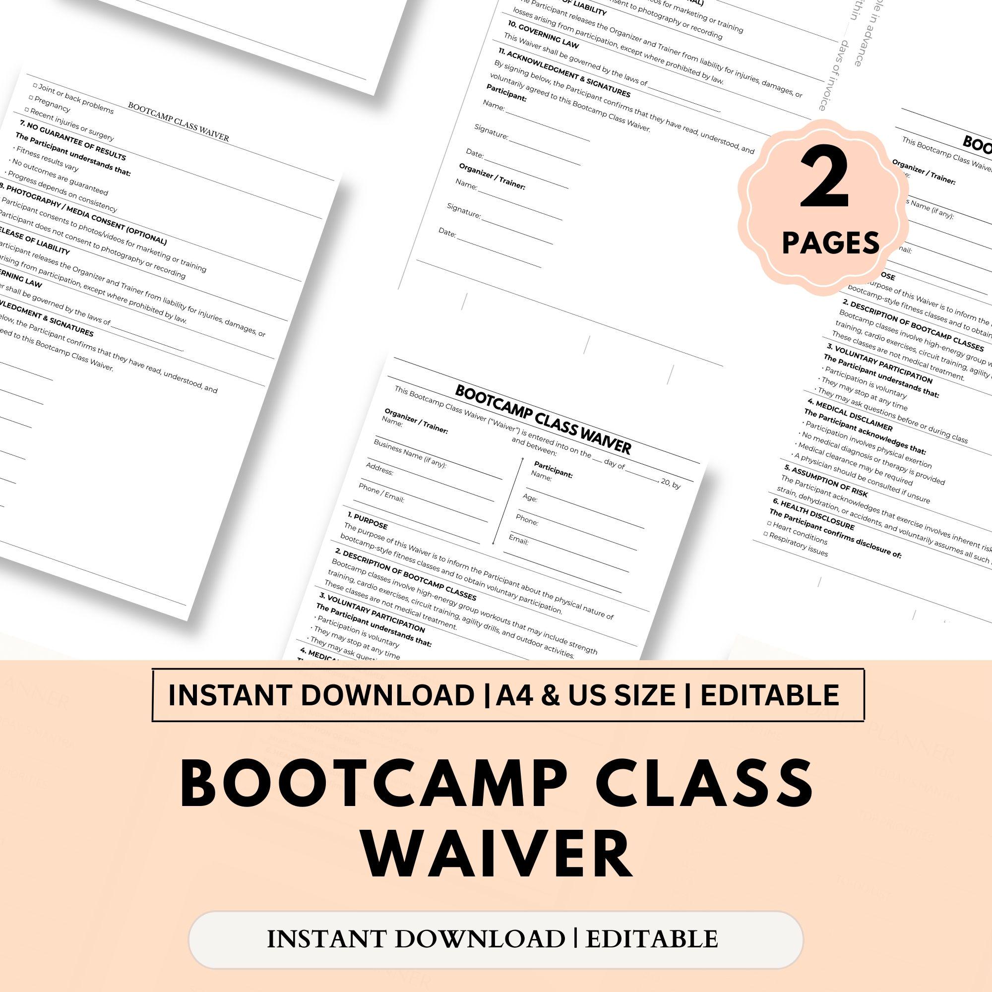 Editable Bootcamp Class Waiver | Fitness Liability Release | PDF Word ...