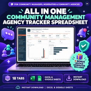 Op de afbeelding: Een laptop met een dashboard voor een Community Management Agency Tracker-spreadsheet. Het scherm toont financiële gegevens, grafieken en statistieken. Omringende iconen zijn een tekstballon, bel en schild. Tekst bevat Bonus Invoice Generator Included.