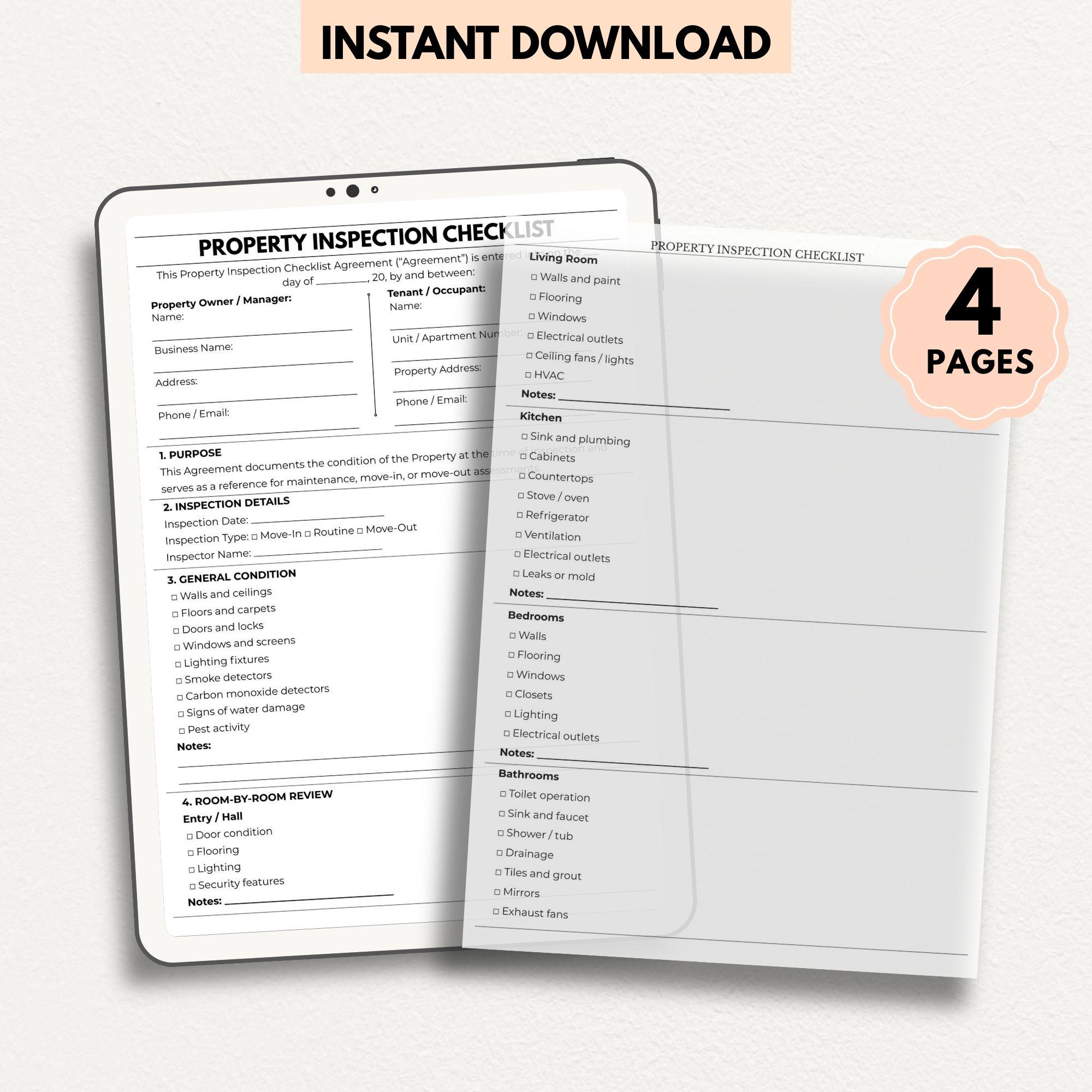 Editable Property Inspection Checklist | Rental Inspection Form | PDF ...