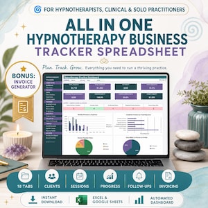 May include: A digital business tracker spreadsheet for hypnotherapists displayed on a laptop screen. The interface shows a dashboard with revenue, expenses, and session data. Text includes All In One Hypnotherapy Business Tracker Spreadsheet.
