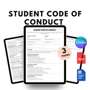 May include: A digital document titled "Student Code of Conduct" displayed on three tablets. The document outlines expected student behavior. The image includes a "3 Pages" badge, a Canva logo, a PDF icon, and a Word document icon.