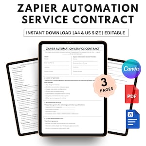 Può includere: Un modello digitale per un Contratto di Servizio di Automazione Zapier, disponibile per il download immediato nei formati A4 e US. Il design include un layout del contratto, con sezioni per i dettagli del cliente e del fornitore. 3 pagine.
