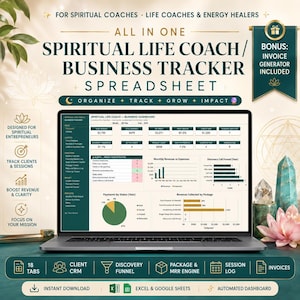 Op de afbeelding: Een digitaal spreadsheet voor spirituele coaches en ondernemers op een laptopscherm. Het dashboard toont financiële statistieken, klantbeheer en omzetgrafieken. Bevat de tekst: ALL IN ONE SPIRITUAL LIFE COACH/BUSINESS TRACKER SPREADSHEET.
