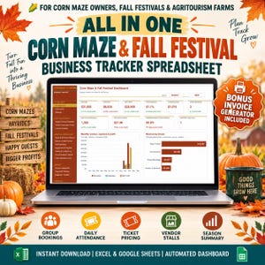 Puede incluir: Un ordenador portátil que muestra una hoja de cálculo de seguimiento empresarial para laberintos de maíz y festivales de otoño con datos de ingresos, gastos y beneficios. La pantalla presenta gráficos para el seguimiento de ventas.