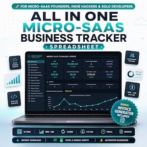May include: A digital spreadsheet template for Micro-SaaS business tracking displayed on a laptop screen. The interface shows metrics like MRR, ARR, and churn rate. Text includes "ALL IN ONE MICRO-SAAS BUSINESS TRACKER" and "BONUS: INVOICE GENERATOR INCLUDED."
