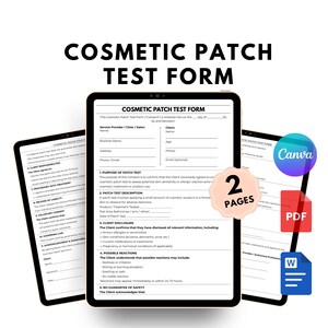 May include: A digital cosmetic patch test form displayed on three tablets. The form includes sections for client information, purpose of the test, and potential reactions. The image also shows "2 PAGES", "Canva", "PDF", and "W" icons.
