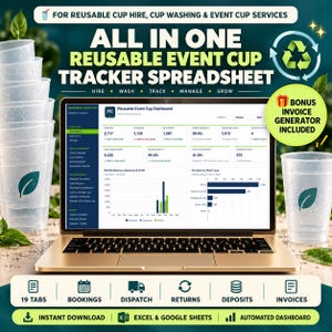May include: A laptop displaying an all-in-one reusable event cup tracker spreadsheet dashboard with revenue, expenses, and profit metrics. The screen shows tabs for bookings, dispatch, returns, deposits, and invoices, with clear plastic cups featuring a green leaf logo.