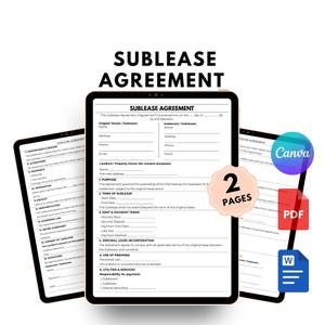 Könnte beinhalten: Eine digitale Vorlage für einen Untermietvertrag, die auf drei Tablets angezeigt wird. Das Haupttablet zeigt das Vertragsformular mit Feldern für Mieter- und Untermieterinformationen. Das Bild enthält den Text "SUBLEASE AGREEMENT" und Symbole für Canva, PDF und Word.
