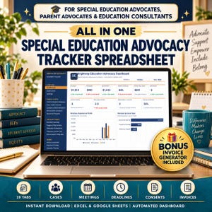 May include: A laptop displaying the Brightway Education Advocacy Dashboard spreadsheet. The screen shows financial data, case tracking, and charts. A gold bonus badge, stacked books labelled Advocacy, IEPs, Student Success, and Equity, and a mug are visible.