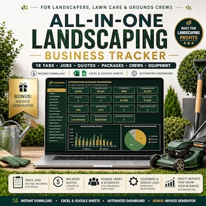 Puede incluir: Un rastreador digital de negocios de jardinería en una pantalla de computadora portátil, con un panel automatizado para el seguimiento de ingresos, gastos y trabajos. La interfaz incluye pestañas para trabajos, presupuestos, paquetes, equipos y maquinaria, compatible con Excel y Google Sheets para la gestión profesional.