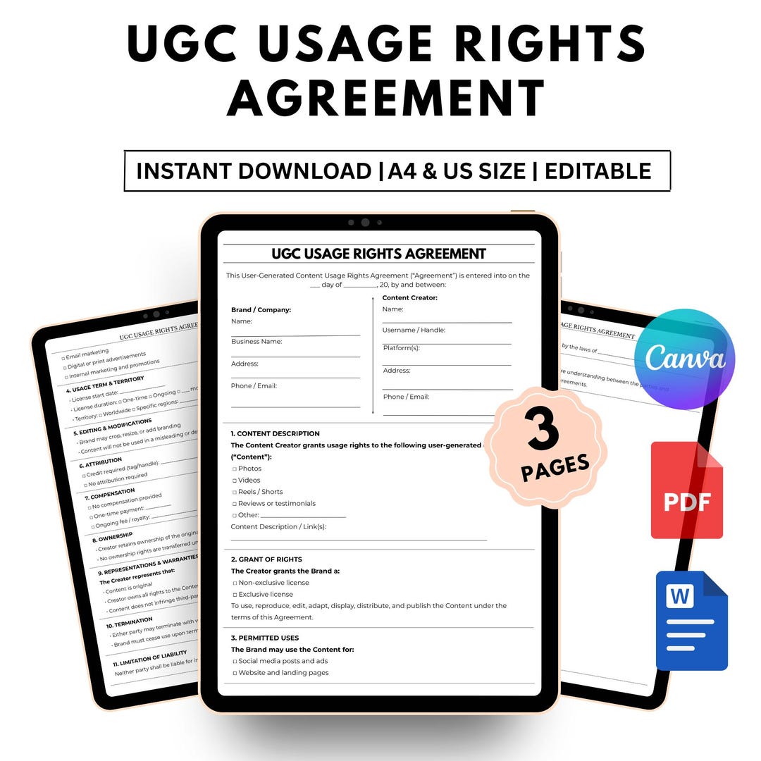 Usage Rights Agreement Example Editable UGC Usage Rights Agreement Template Canva PDF Word Instant ...