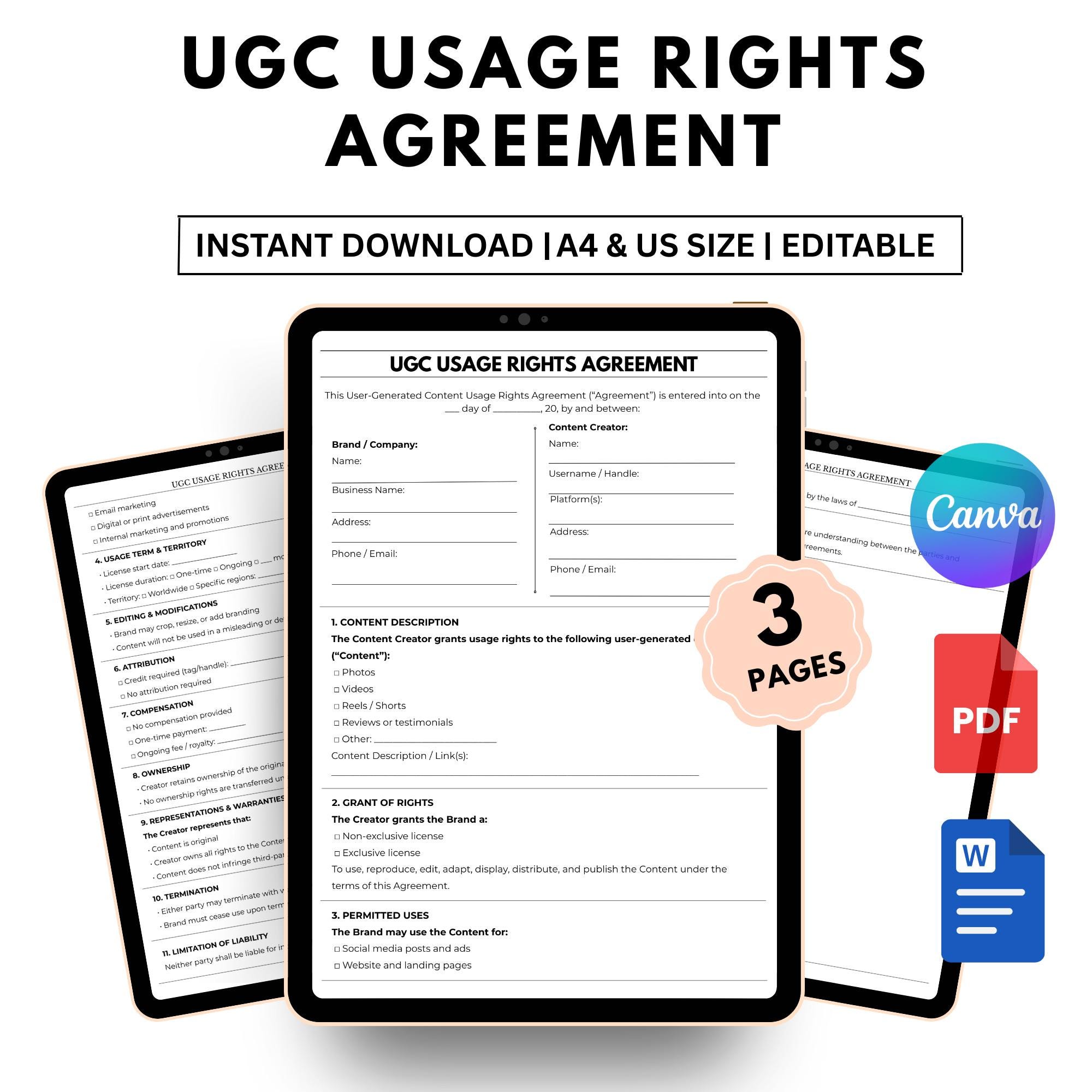 Using Correct Usage Rights Editable UGC Usage Rights Agreement Template Canva PDF Word Instant ...