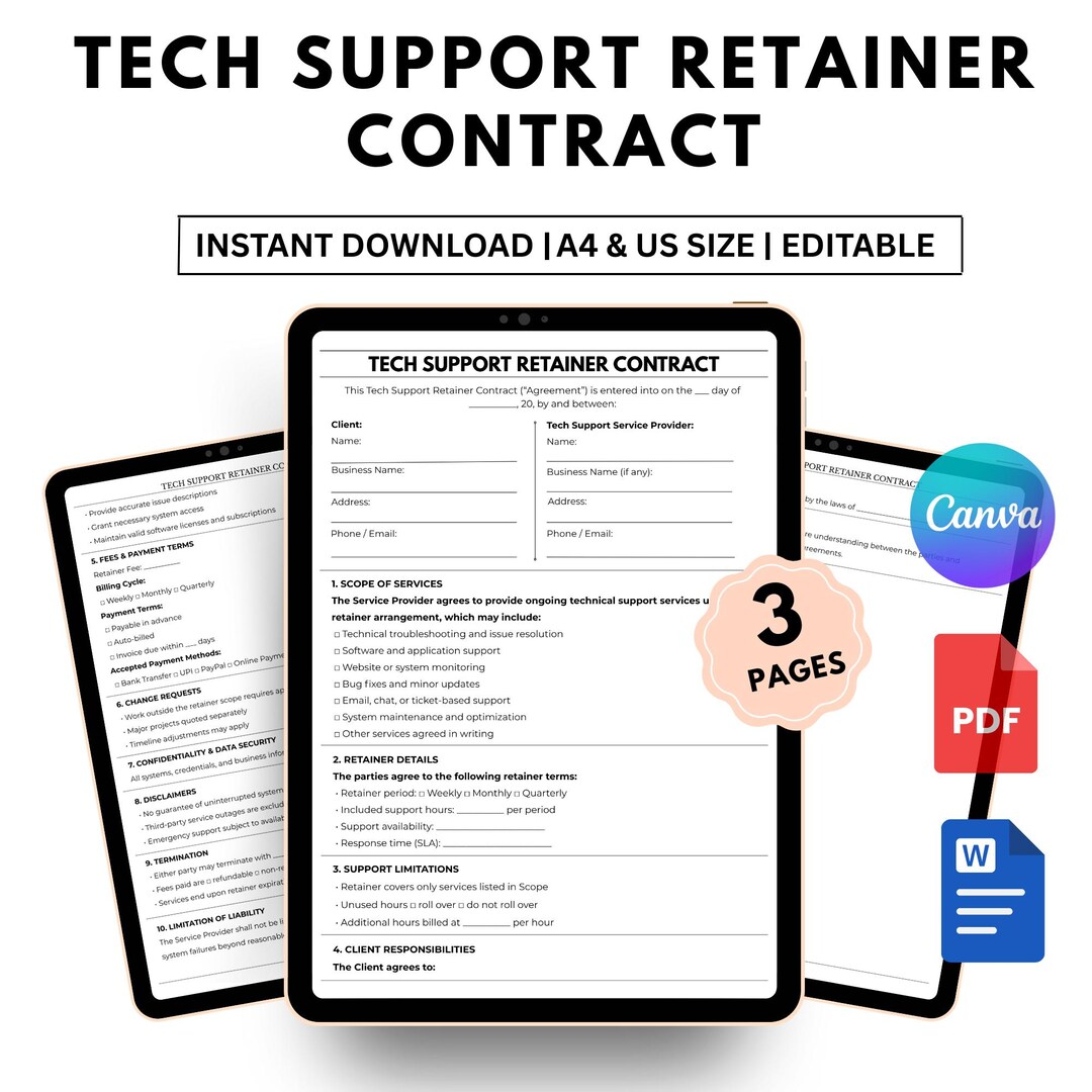 Editable Tech Support Retainer Contract | IT Support Service Agreement ...