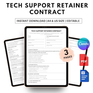May include: A digital tech support retainer contract template displayed on three tablets. The contract includes sections for scope of services, retainer details, and client responsibilities. The design is clean and professional, with the text "Instant Download" and "Editable".