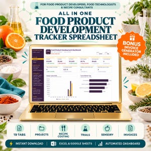 May include: A gold laptop displaying a Food Product Development Tracker Spreadsheet dashboard with financial metrics, charts, and project data. The screen shows revenue, expenses, and profit figures. Text includes 'All in One Food Product Development Tracker Spreadsheet' and 'Bonus Invoice Generator Included'.