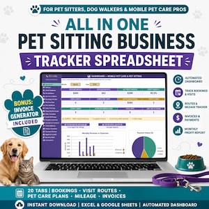 Pet Sitting Business Tracker Spreadsheet | Dog Walking Client & Booking Manager | Pet Care Invoice Mileage Log | Excel Google Sheets