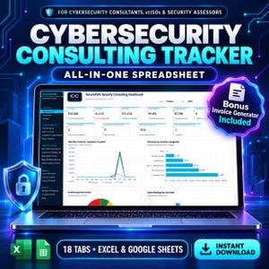Cybersecurity Consulting Business Tracker Excel Google Sheets, vCISO Retainer Hours, Pentest Findings Log, Security Consultant Invoice
