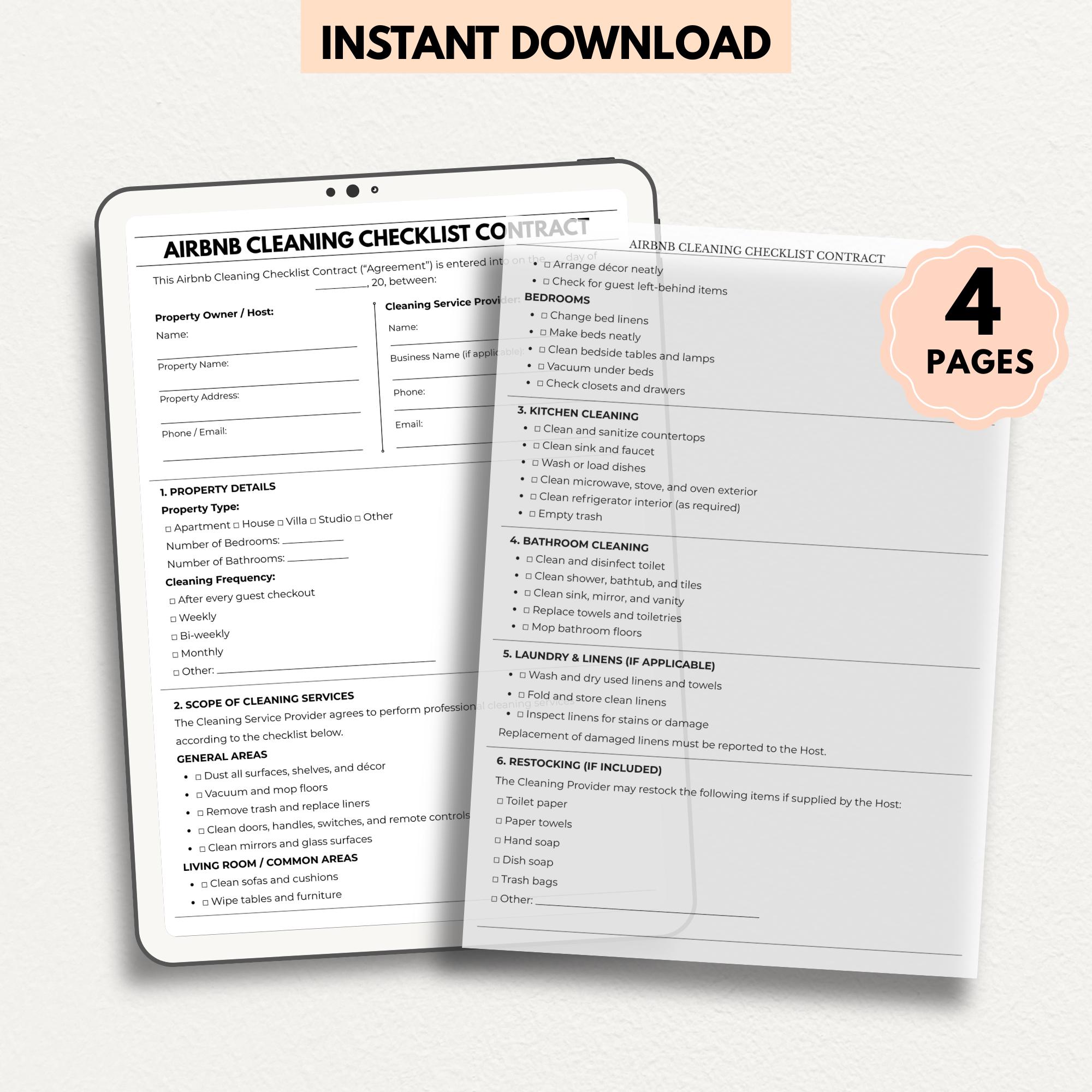 Editable Airbnb Cleaning Checklist Contract Short Term Rental