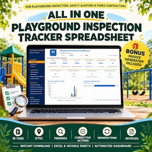 Könnte beinhalten: Ein Laptop zeigt ein All-in-One-Tabellenkalkulations-Dashboard zur Spielplatzinspektion mit Finanzdaten, Diagrammen und Inspektionskennzahlen. Ein Klemmbrett mit einer Checkliste und eine Lupe liegen neben dem Laptop.