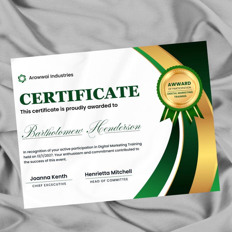 Green and Gold Business Certificate Template Editable Award Certificate ...