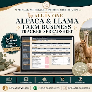 May include: A digital business tracker spreadsheet for alpaca and llama farmers displayed on a laptop screen. The interface includes tabs for herd, breeding, health, and sales. Text reads: All in one Alpaca & Llama Farm Business Tracker Spreadsheet.