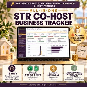 Puede incluir: Un rastreador de negocios para coanfitriones STR en formato de hoja de cálculo digital que se muestra en una pantalla de portátil. La interfaz presenta paneles financieros, ingresos, costes y beneficios. Incluye 18 pestañas y es compatible con Excel.
