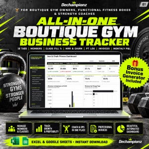 Puede incluir: Un rastreador de negocios para gimnasios boutique en la pantalla de una computadora portátil, con un panel de control Iron & Chalk Fitness que muestra métricas financieras, datos de miembros y seguimiento de clases. Incluye generador de facturas.