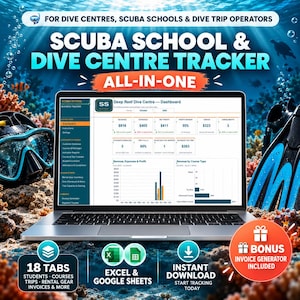 Scuba Dive Centre Business Tracker Spreadsheet, Dive School Student Course Trip Rental Gear Invoice Excel Google Sheets Template