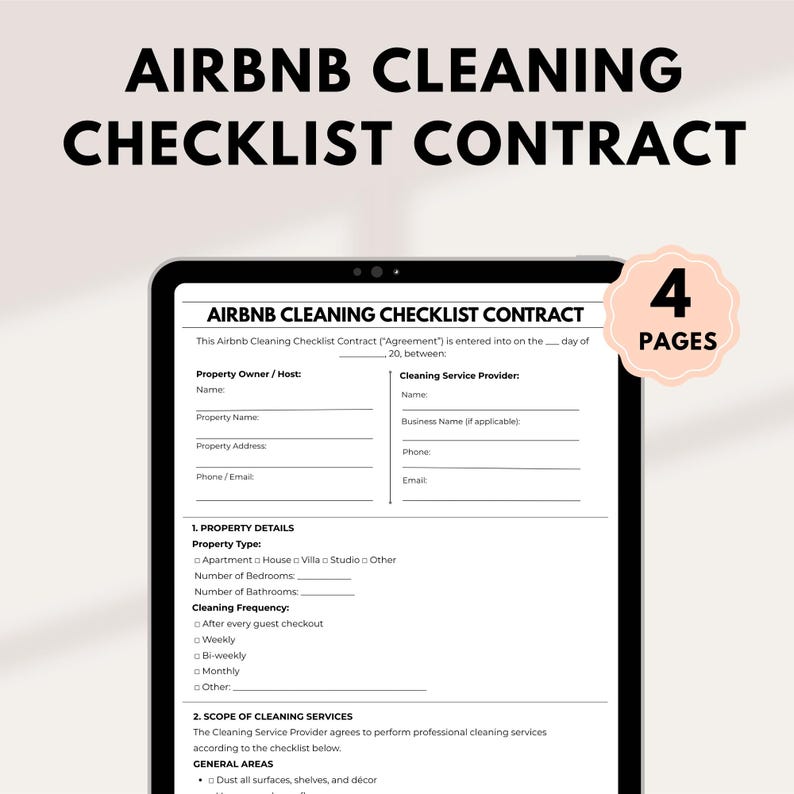 Editable Airbnb Cleaning Checklist Contract Short Term Rental