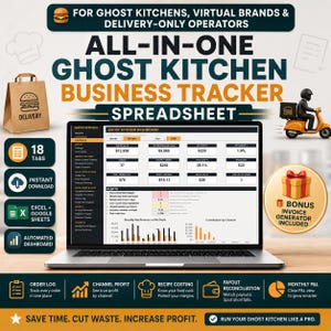 Hoja de cálculo para el seguimiento de negocios de cocinas fantasma / Seguimiento de ganancias por pedidos a domicilio, costos de alimentos y canales / Excel y Google Sheets / Marca virtual
