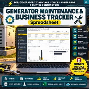 May include: A digital generator maintenance and business tracker spreadsheet displayed on a laptop screen. The interface shows financial metrics, revenue charts, and service logs. The graphic includes text labels for job tracking, scheduling, and inventory management.