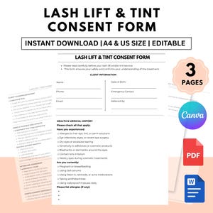 Può includere: Un modulo di consenso stampabile per il lifting e la tintura delle ciglia, disponibile nei formati A4 e US. Il modulo include sezioni per le informazioni del cliente, l'anamnesi e le istruzioni post-trattamento. È un documento modificabile di 3 pagine.