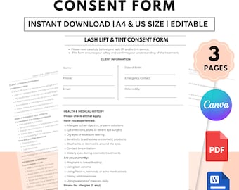 Bearbeitbares Wimpern-Lift & Tint Einverständniserklärung - Wimpern-Lift Kundenverzicht, Beauty-Salon PDF Word Canva