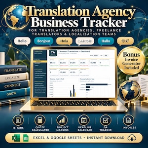 May include: A digital business tracker for translation agencies displayed on a laptop screen. The interface shows financial dashboards, revenue, and project metrics. The image includes a stack of books labelled Translate, Localize, Connect, Grow, and a globe.