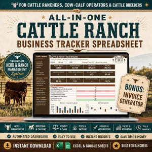 May include: A digital cattle ranch business tracker spreadsheet displayed on a laptop screen. The dashboard shows financial metrics, herd data, and alerts. Text includes 'ALL-IN-ONE CATTLE RANCH BUSINESS TRACKER SPREADSHEET' and 'BONUS: INVOICE GENERATOR'.