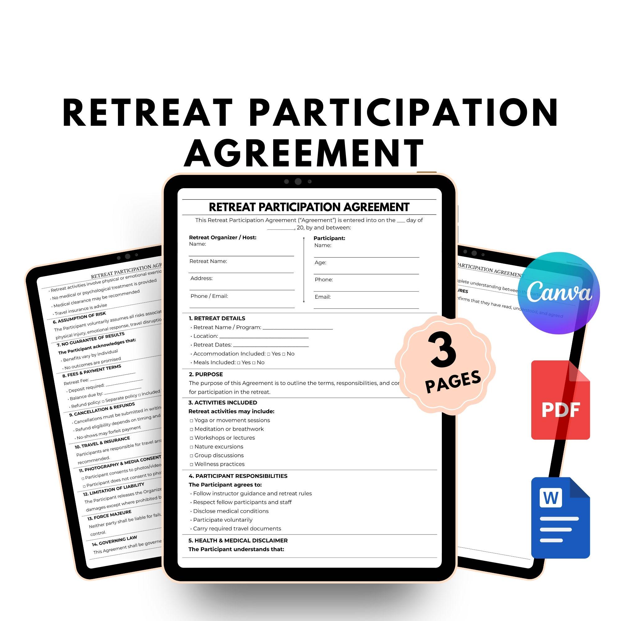 Acuerdo de participación en retiros editable/Contrato de retiro de bienestar (PDF, Word, Canva)