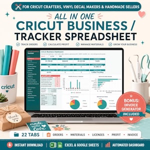 May include: A digital business tracker spreadsheet for Cricut crafters displayed on a laptop screen. The dashboard shows revenue, expenses, profit, and sales charts. Includes a bonus invoice generator, 22 tabs for orders and materials, and is compatible with Excel and Google Sheets.