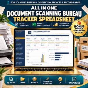 Document Scanning Business Tracker Spreadsheet, Digitization Excel Google Sheets Template, Chain of Custody Log, Records Box Inventory