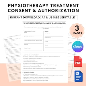 Può includere: Un modulo scaricabile di consenso e autorizzazione al trattamento fisioterapico. Il documento è disponibile nei formati A4 e US ed è modificabile. Il modulo include sezioni per le informazioni sul paziente e sulla clinica, lo scopo della fisioterapia e il consenso informato.