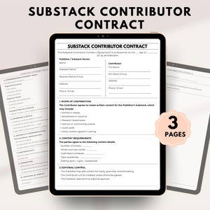 K&ouml;nnte beinhalten: Ein digitales Tablet zeigt einen Substack-Contributor-Vertrag mit Abschnitten f&uuml;r Verlags- und Mitarbeiterdetails, Umfang des Beitrags und Inhaltsanforderungen. Ein Aufkleber mit der Aufschrift "3 PAGES" ist ebenfalls sichtbar.