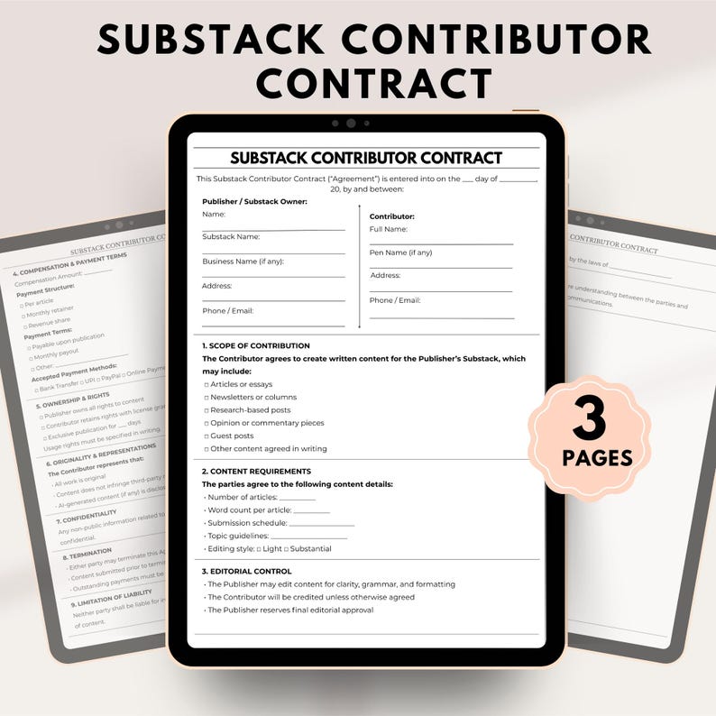 K&ouml;nnte beinhalten: Ein digitales Tablet zeigt einen Substack-Contributor-Vertrag mit Abschnitten f&uuml;r Verlags- und Mitarbeiterdetails, Umfang des Beitrags und Inhaltsanforderungen. Ein Aufkleber mit der Aufschrift "3 PAGES" ist ebenfalls sichtbar.