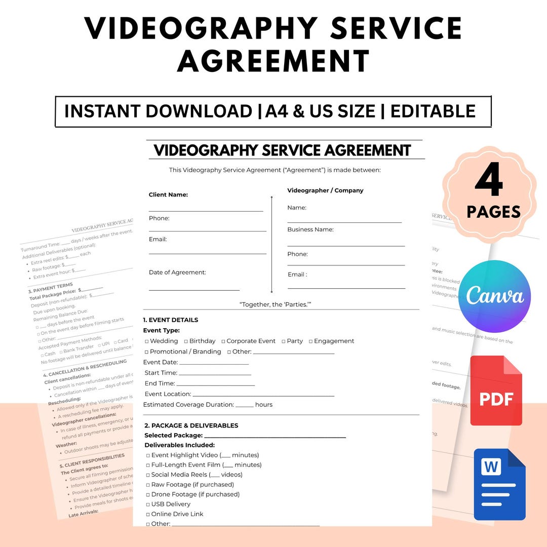 Streaming Contract Editable Videography Service Agreement – Video Production Contract ...