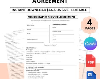 Contrat de service de vidéographie modifiable - Contrat de production vidéo, cinéaste PDF Word Canva