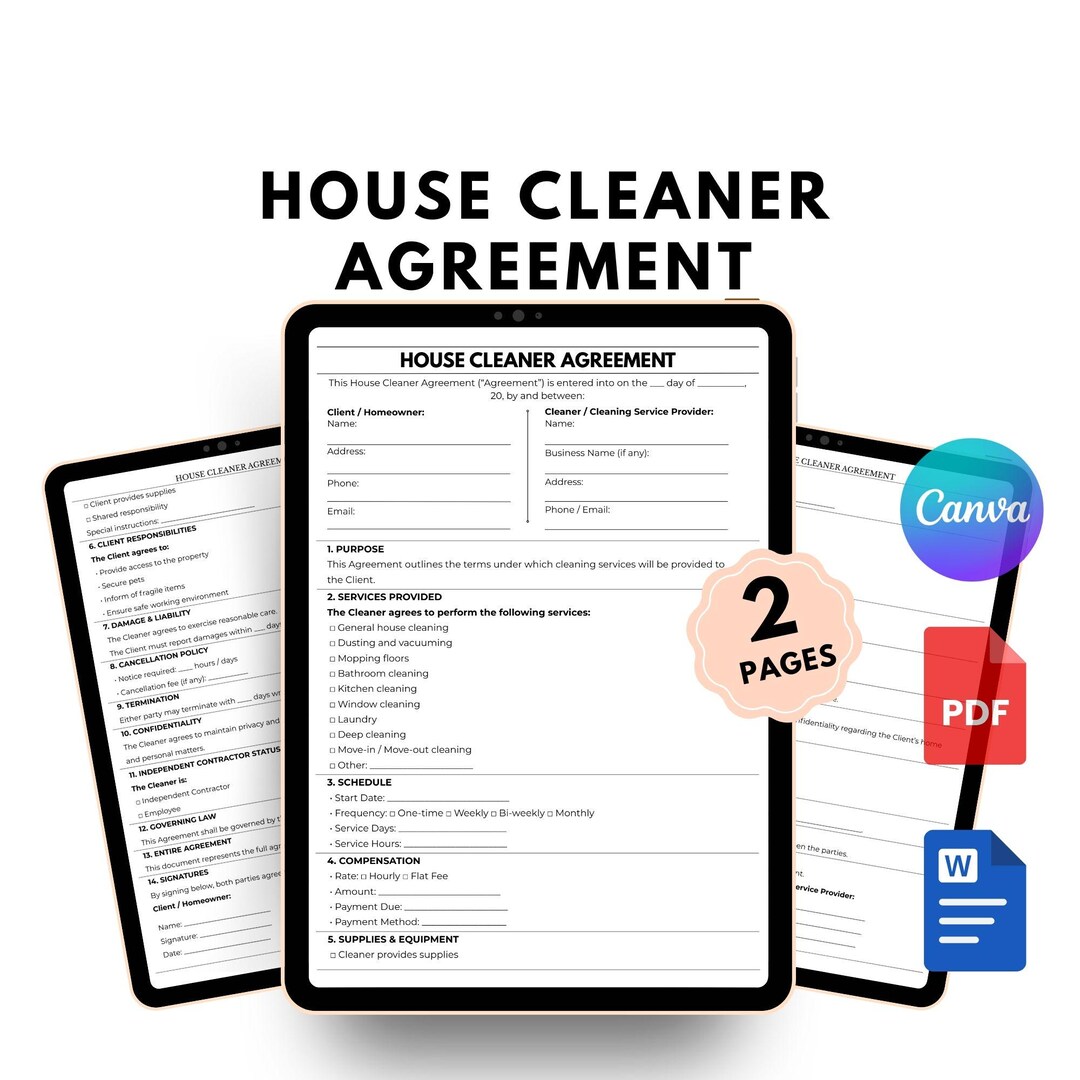 Editable House Cleaner Agreement | House Cleaning Service Contract ...
