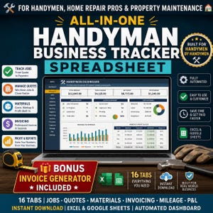 Könnte beinhalten: Eine digitale Handwerker-Business-Tracker-Tabelle auf einem Laptop-Bildschirm mit einem Dashboard für Einnahmen, Ausgaben und Gewinn. Die Grafik enthält Textbeschriftungen für die Auftragsverfolgung, Angebote, Materialkosten und Rechnungsstellung.
