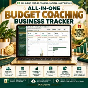 Puede incluir: Un rastreador de negocios digital para asesores presupuestarios mostrado en una pantalla de portátil. El panel muestra métricas financieras, ingresos, gastos y gráficos de beneficios. Un icono circular dorado indica que incluye un generador de facturas.